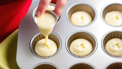 Pouring batter into cupcake tin