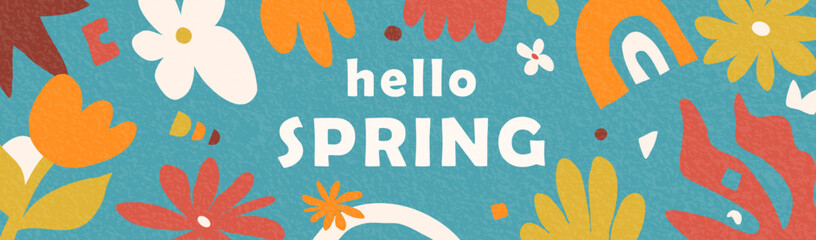 Hello Spring banner vector illustration. Hand drawn horizontal pattern background for Mothers Day, Easter design. Template with textured organic abstract flowers, rainbow, leaves in retro modern style