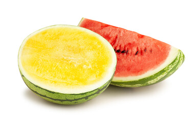 sliced yellow red watermelon mix path isolated on white