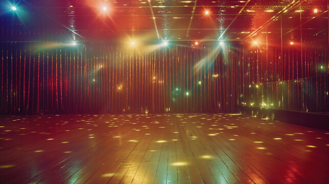 Colorful lights illuminate an empty dance floor in a vibrant party venue during the late hours of the night.