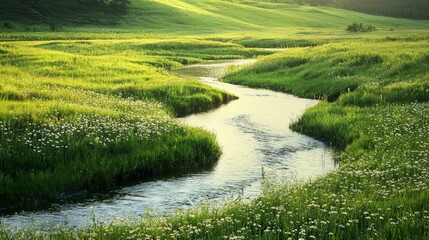 Serene Rural Landscape with Winding Creek and Grassy Fields