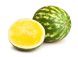 sliced yellow watermelon path isolated on white