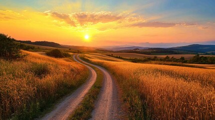 Naklejka premium Serene Rural Landscape with Meandering Dirt Path at Sunset