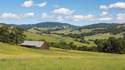 Peaceful Rural Ridge with Rolling Green Hills and Blue Sky