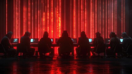 A group of individuals working at computers, illuminated by red light, suggesting a tech environment.