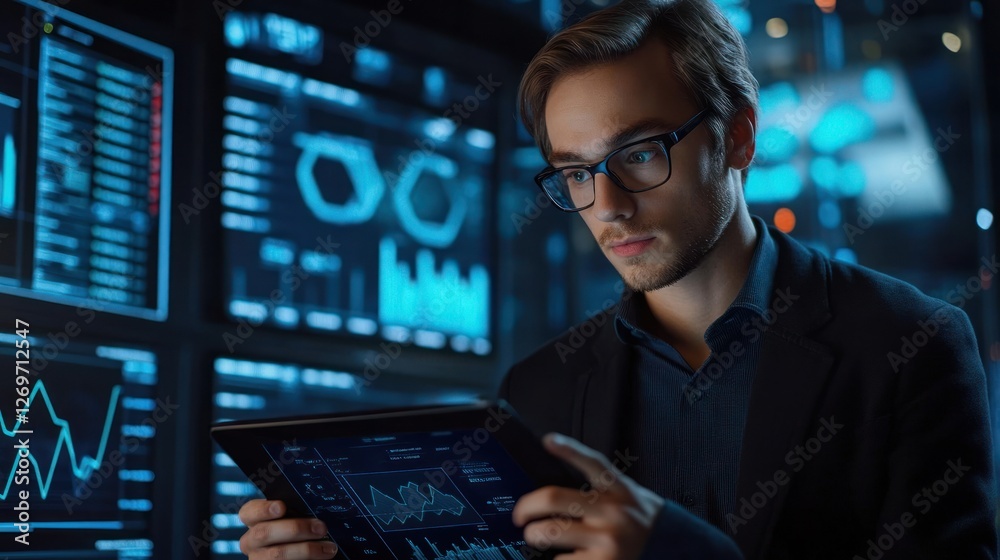 Poster young professional analyzes data using tablet surrounded by screens