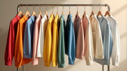 Used clothes rack, Retail clothes rack neutral backdrop colorful garments photorealistic.