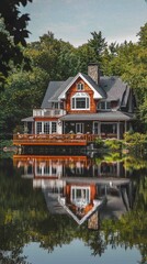 Obraz premium Picturesque Lakefront Home with Classic Exterior by Serene Waters