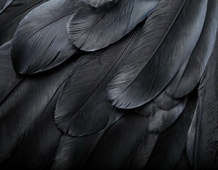 Obraz premium a close up photo of overlapping black bird feathers tender bird feathers background black feathers background black plume pattern wings feather texture with copy space
