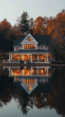Obraz premium Picturesque Lakeside Home with Wraparound Porch at Sunset
