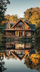 Obraz premium Picturesque Lakeside Home with Wrap-Around Porch and Scenic View