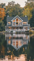 Obraz premium Picturesque Lakeside Home Surrounded by Nature at Golden Hour