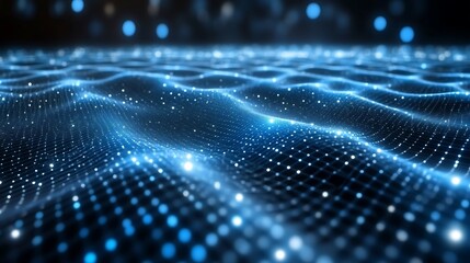 Abstract Futuristic Digital Landscape with Glowing Particle Mesh Surface