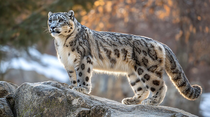 Obraz premium Majestic snow leopard standing on a rocky cliff with snow-capped mountains in the background, perfect for wildlife photography, nature documentaries, and conservation campaigns.