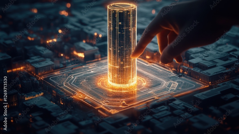 Poster glowing digital structure being touched on a circuit board