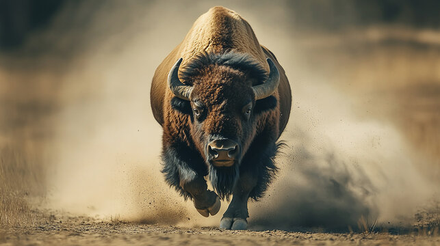 Powerful bison running through dusty plains, showcasing strength and majesty in the wild.