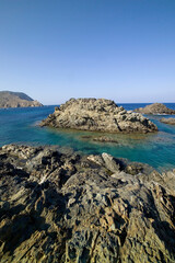 coast of the mediterranean sea, Shale cliffs at Narrows. Asinara National Park. Sassari. Sardinia. Italy. Asinara National Park