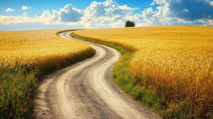 Fototapeta premium Serene Winding Country Road Through Golden Wheat Fields Under Blue Sky