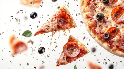 Slices of mouthwatering pizza soar through space, each adorned with pepperoni, olives, and herbs, creating a playful and appetizing visual display