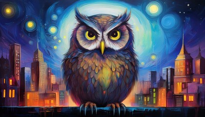 owl protect a night city surreal illustration painted with acrylics