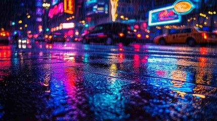 Obraz premium Rainy Day City Scene with Wet Asphalt Reflecting Neon Lights