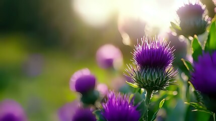 Vibrant purple thistle flowers blooming in soft morning light with bokeh effect background, close-up nature photography showing spiky buds and petals.