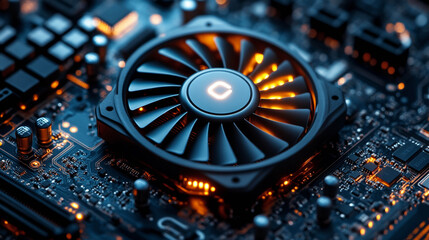 Close-up of the motherboard with the cooler installed on it. The background consists of various electronic components such as capacitors, chips, and connectors.