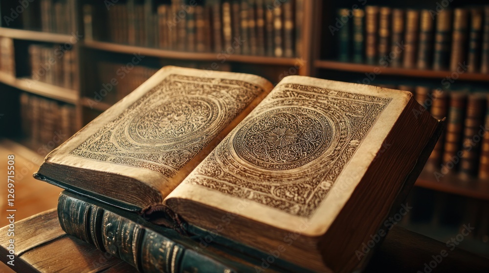 Poster ancient open book displays intricate circular designs on aged pages