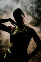 Latina dancer showcases rhythm and elegance in a smoky dark setting while performing bachata and...