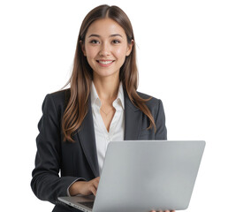 businesswoman with a laptop standing at copy space on a transparent PNG background.