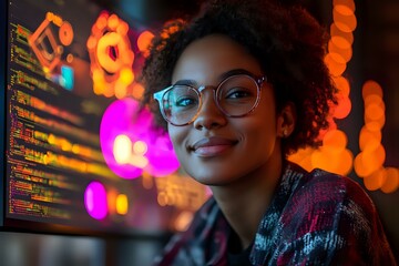 Young African American woman programmer with glasses smiling while working late, colorful neon lights and code reflection create modern tech atmosphere.
