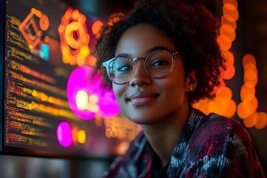 Young African American woman programmer with glasses smiling while working late, colorful neon lights and code reflection create modern tech atmosphere.