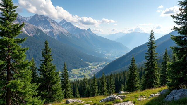 Winter tree pruning, Mountain range evergreens pruned branches categorized photorealistic.