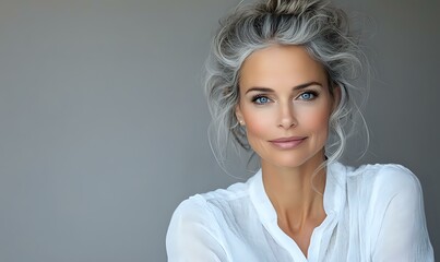Fototapeta premium Elegant mature woman with silver gray hair and natural makeup wearing white blouse, smiling confidently against neutral background. Professional portrait.
