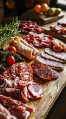 Fototapeta premium Rustic Butcher Display with Assorted Meats and Fresh Ingredients