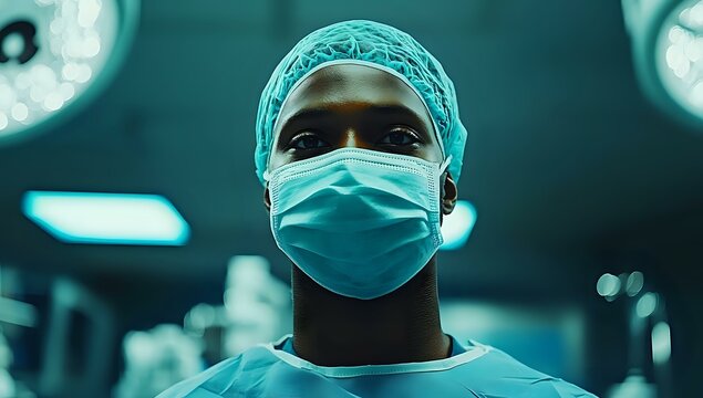 African American medical professional in surgical attire with mask and cap under operating room lights, close-up portrait capturing determination in eyes during procedure. - Powered by Adobe