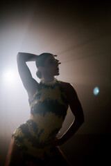 Dancing woman in silhouette showcases passion and grace in smoke-filled atmosphere while performing...