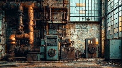 Aged Rustic Factory Interior with Scattered Equipment and Pipes