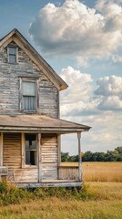 Obraz premium Weathered Rustic Farmhouse Surrounded by Open Field and Blue Sky