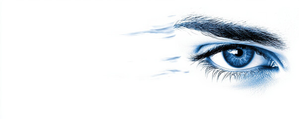 Fototapeta premium close up of blue eye with digital overlay, conveying sense of vision and perception. eye is detailed, showcasing iris and eyelashes, set against white background