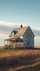 Obraz premium Rustic Farmhouse with Weathered Wood Siding in Open Field