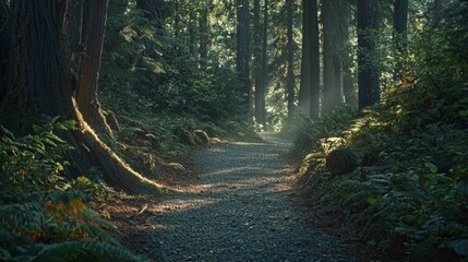 Tranquil Forest Trail with Dappled Sunlight and Gravel Path
