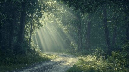 Obraz premium Dappled Forest Trail with Paved and Gravel Paths in Sunlight