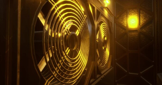 A detailed view of a golden speaker featuring swirling patterns and stylized fans. Soft lighting enhances the luxurious look in a contemporary setting.