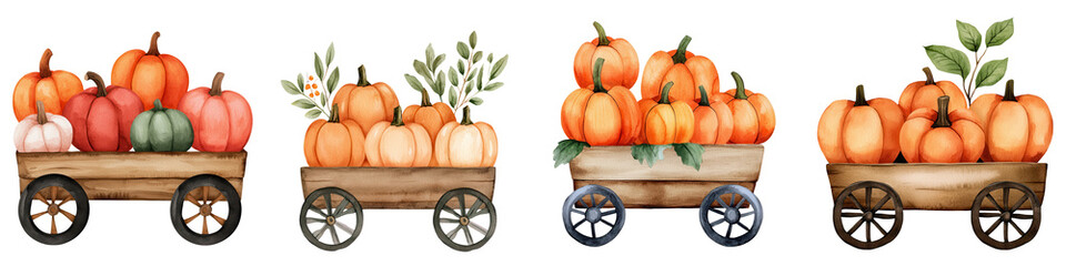 First day of fall element, Harvest pumpkins in wooden carts, showcasing autumn bounty and charm, isolated on transparent background.
