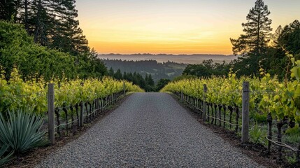 Naklejka premium Rustic Gravel Driveway Through Vineyard at Sunset Sky