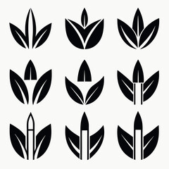  black and white, stylized icons depicting bamboo and cane stalks with various leaf arrangements