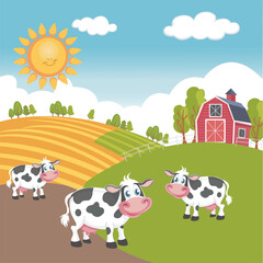 Peaceful Farmland: Cows Grazing on a Lush Green Landscape