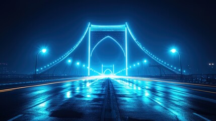 Night city bridge, illuminated, traffic, wet road, cityscape background