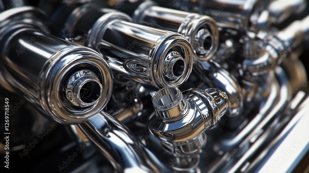Poster polished chrome engine components close up view